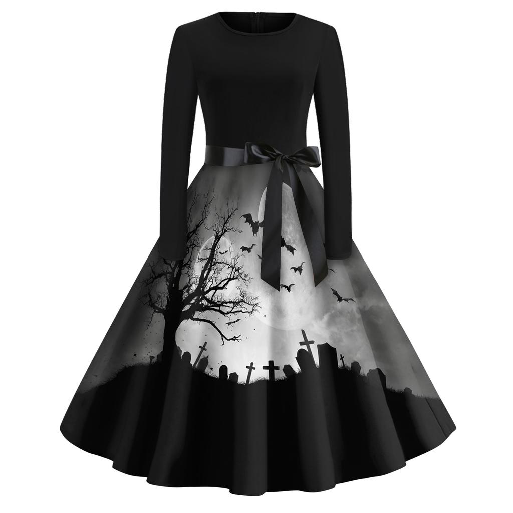Women's Casual Long Sleeve Vintage Dress Halloween Printed Round Neck A-Line Midi Dress with Waist Tie Belt Retro Style