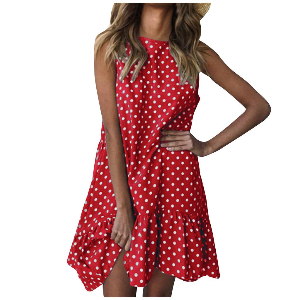 Fashion Women  Sleeveless Polka Dot Loose Casual Ruffle Dress
