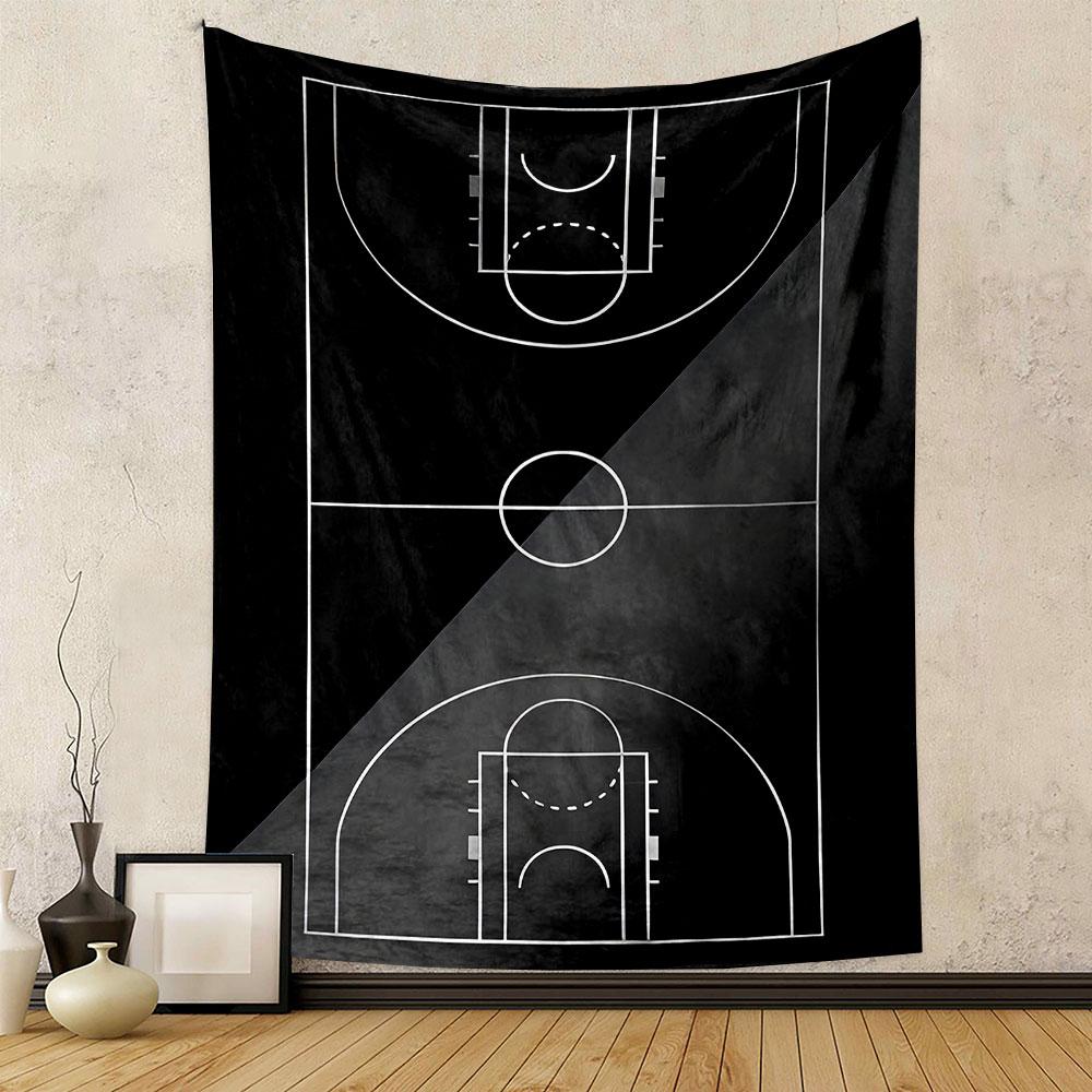 Basketball Court Design on Black Patterned tapestry home decor, suitable for bedroom and living room, gift