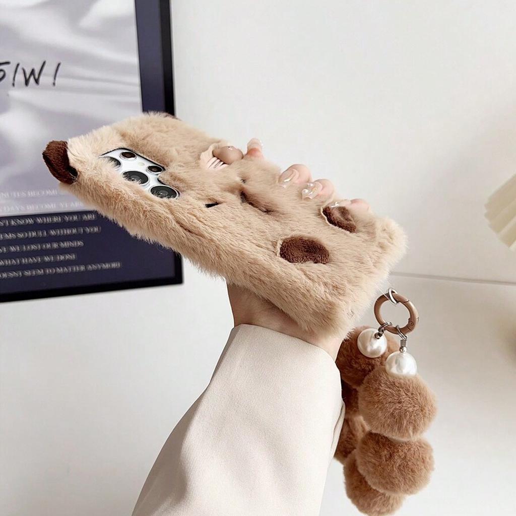 Cute Brown Hair Clip Capybara Plush Phone Case and with Chain for Samsung Galaxy S20 S21 S22 S23 S24 Fall/winter Phone Case