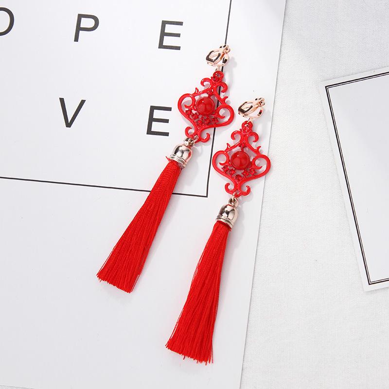 Серьги-клипсы в древнем стиле ханьфу с красными кисточками и узлом для непроколотых ушей — свадебный китайский ретро-дизайн