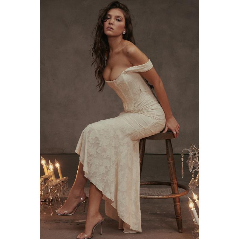 Off Shoulder Textured Jacquard Ruched Corset Mermaid Dress Stretch Slim Fit Asymmetrical Hem Elegant Evening Cocktail Wedding Guest Formal Party Gown