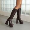 2025 Супер Профилированный Зауженный Толстый Каблук Слипоны Стрейч Ботфорты Высокая Платформа Боковая Молния Плюшевая Подкладка Зимние До Колена Женские Сапоги