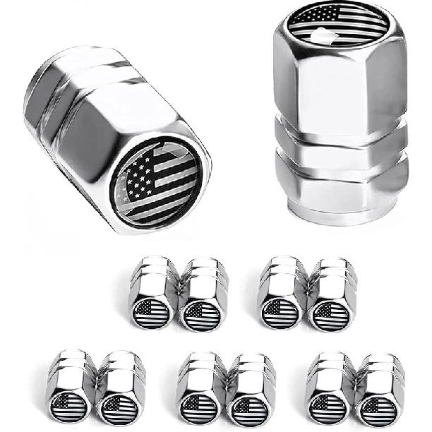 Dsycar 12 Pack Chrome American Flag Valve Stem Cap Aluminum Hexagon Design, with Rubber Ring, Universal fits Cars, Trucks, Motorcycles, Bicycles