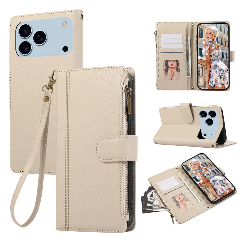 Чехол для iPhone 17 Pro с несколькими отделениями для карт, на молнии, кожаный чехол для телефона с ремешком на запястье