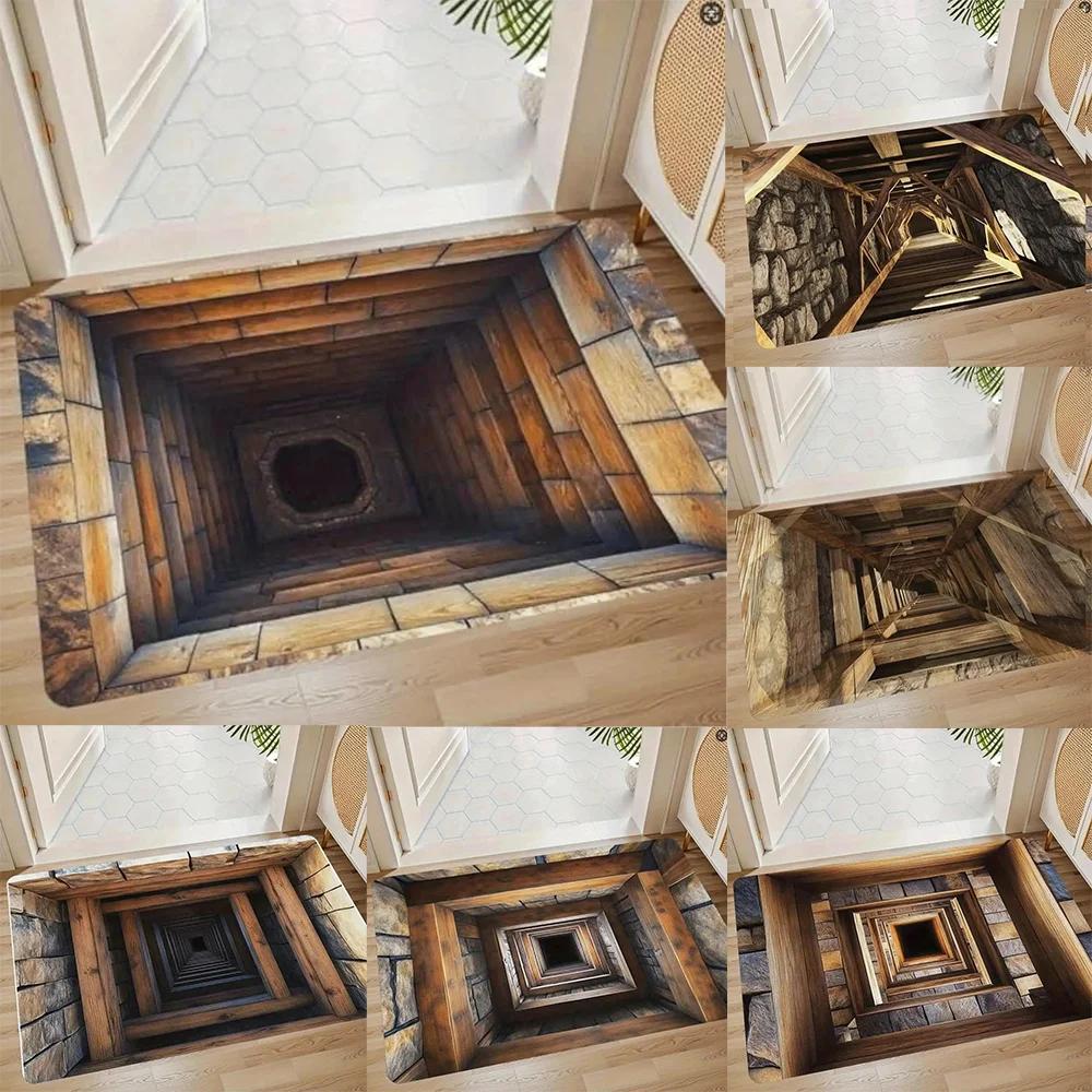 Фланелевый коврик для двери с принтом «Иллюзия 3D-туннеля» Оптическое искусство Противоскользящий ковер для домашнего декора Идея для подарка