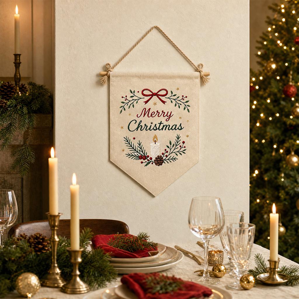 DIY Embroidery Kit Christmas Scene Triangle Wall Hanging Flag Beginner Printed Canvas Hoop Needle Thread Organizer Decor