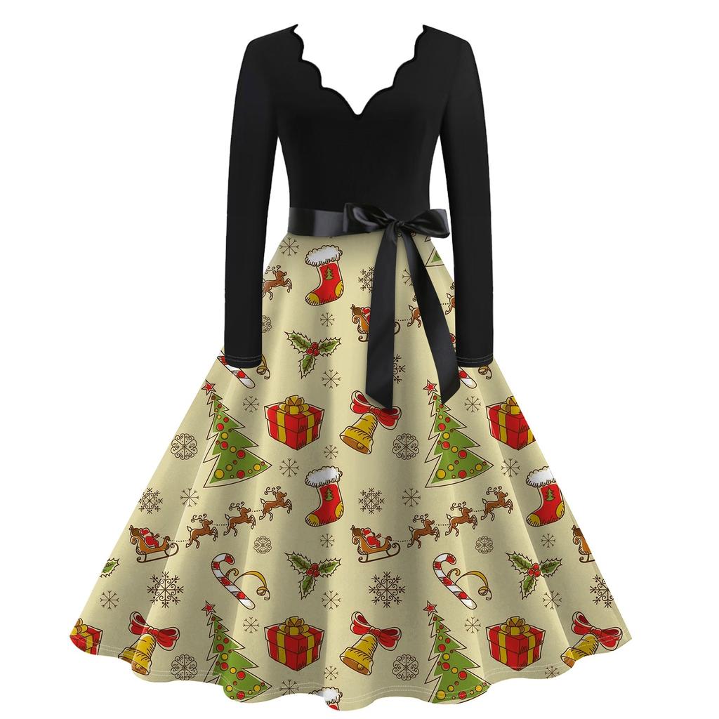 Ladies Casual Fashion V-Neck Long Sleeve Christmas Print Vintage Dress
