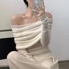 Осенний новый сексуальный свитер на одно плечо для женщин, лацкан с открытыми плечами, длинный вязаный свитер с рукавами, женский элегантный повседневный зимний трикотаж 24861