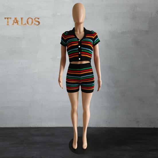 2 шт./компл., женский топ Crio, комплект с шортами, вязаный полосатый комплект с короткими рукавами, однобортный топ с V-образным вырезом, брюки с высокой талией и эластичной резинкой на талии, повседневный комплект