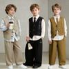 Весенний костюм-жилет с вышивкой для подростков и мальчиков, повседневный и официальный наряд для детей, с полосатой рубашкой, галстуком и брюками, для свадьбы, ведущего, выступления