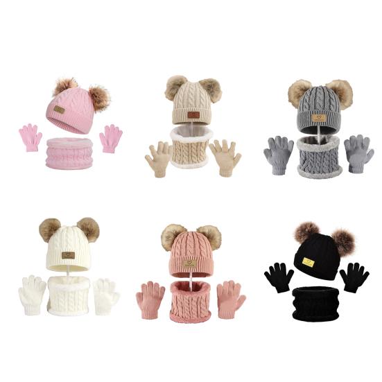 Yousheng 3 шт./компл. Детская зимняя шапка, шарф, перчатки, комплект, шапка без полей с двумя плюшевыми помпонами, вязаные перчатки с текстурой «косичка», флисовая подкладка, набор гетр для шеи