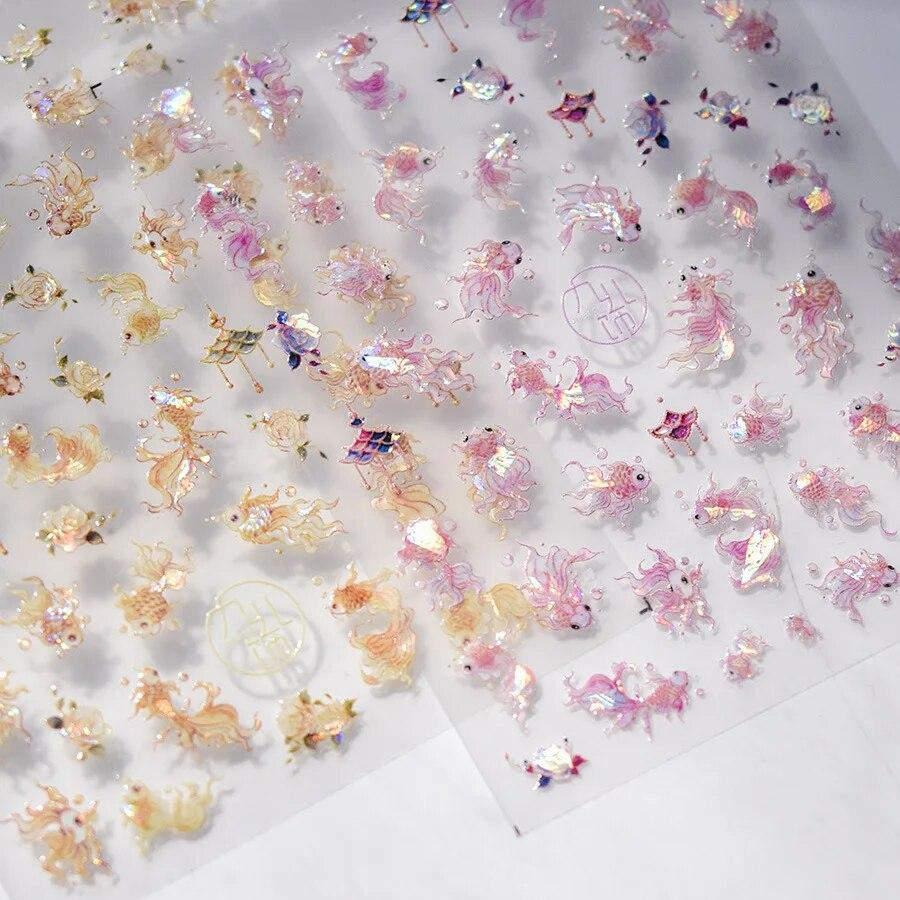 1Pcs Embossed Glitter Fish Nail Art Stickers Pink Yellow Red Self-adhesive Transfer Nail Decorations Slider Decals DIY