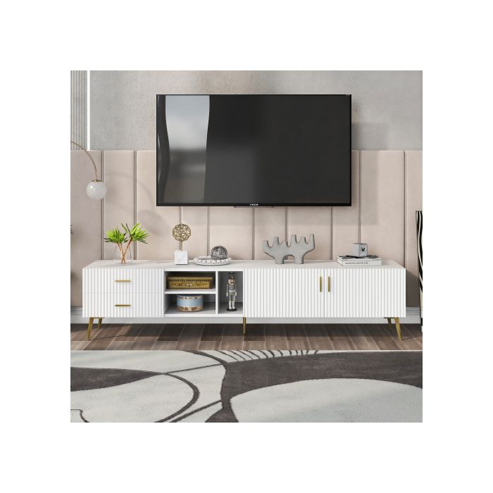 Meuble TV pour TV 75", Centre de divertissement moderne, Console média (Blanc)