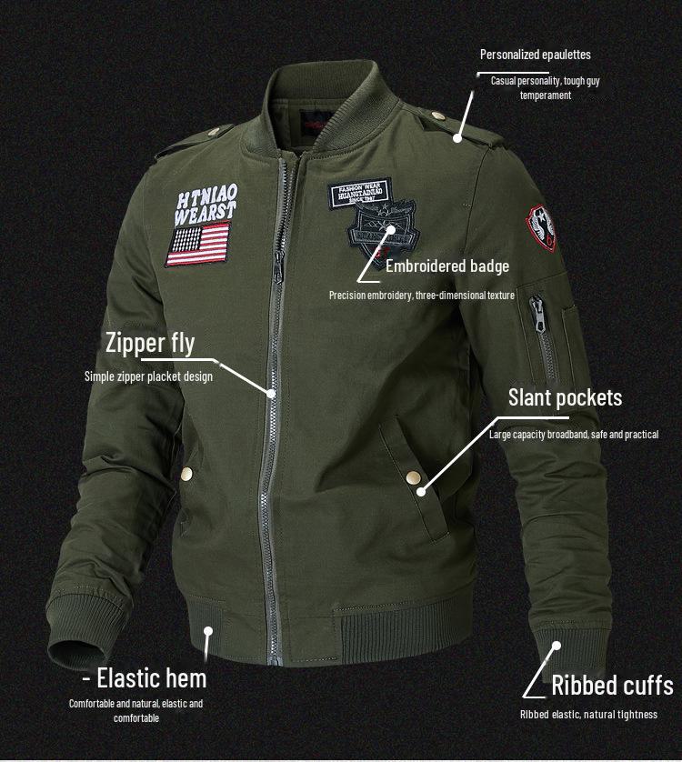 Men's Spring Casual Stand Collar Cotton Flight Jacket - Youth Workwear Style