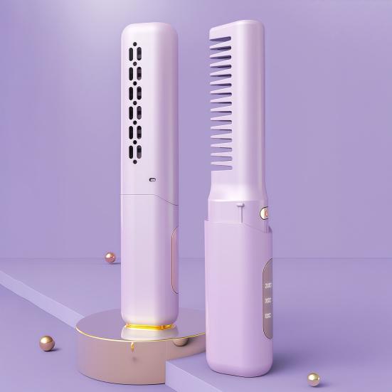 Cordless Ceramic Hairdressing Comb 3 Temperature Adjustable Hair Straightener USB Rechargeable Fast Heating Electric Hair Styling Detangling Brush