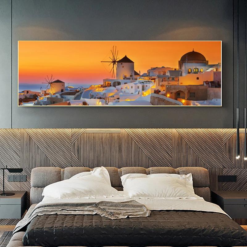 Greek Village Posters Santorini Landscape Painting Canvas Prints Wall Art Pictures for Living Room Sunset Sea Cuadro No Frame