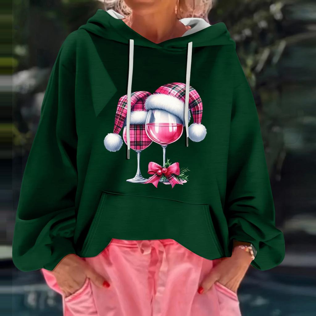 Women's Christmas Print Loose Casual Long Sleeve Hooded Sweatshirt