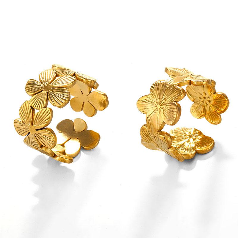 Stainless Steel Flower Adjustable Opening Rings Golden Plated Waterproof Finger Jewelry For Women Wedding Exquisite Gifts