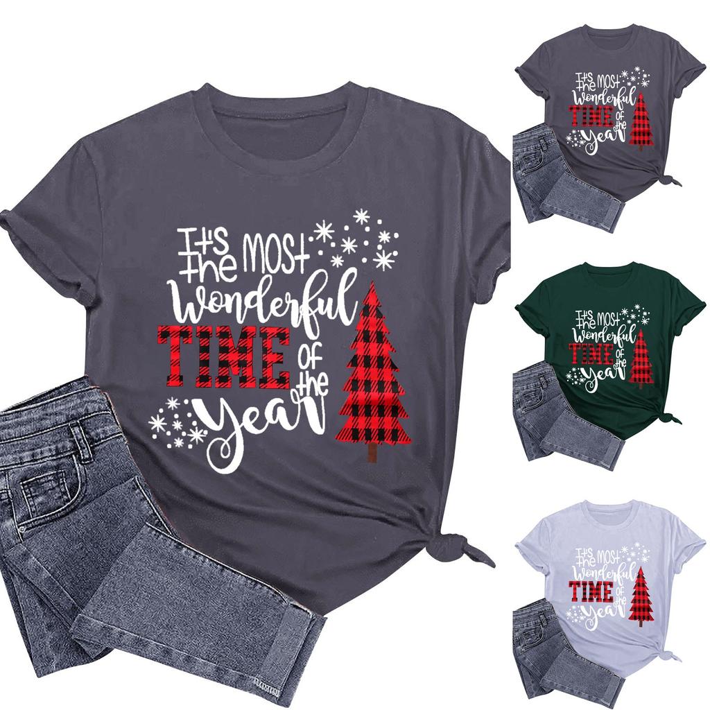 Женская футболка, повседневный свободный рождественский пуловер с круглым вырезом и коротким рукавом с принтом