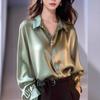 Heavyweight Women's Silk Shirt - 2024 Hong Kong Style In Unique Green Acetate Satin, Solid Color, High-End Drapey Design.