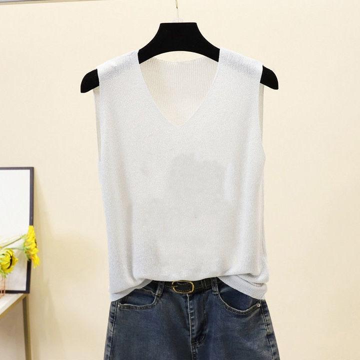 Свободный внутренний плюс плюс без рукавов шелковый трикотажный топ со стразами V-образный вырез майка женская летняя