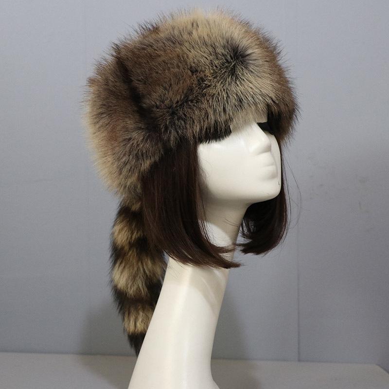 Russian Round Flat-top Hat, Autumn and Winter New European and American Style Raccoon Tail Warm Ear protection Hat for Women