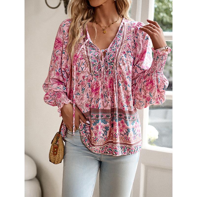 Spring Printed Long Sleeved Shirt Elegant Commuter Women V-neck Top Casual Blouse Vacation Loose Comfortable Street Wear