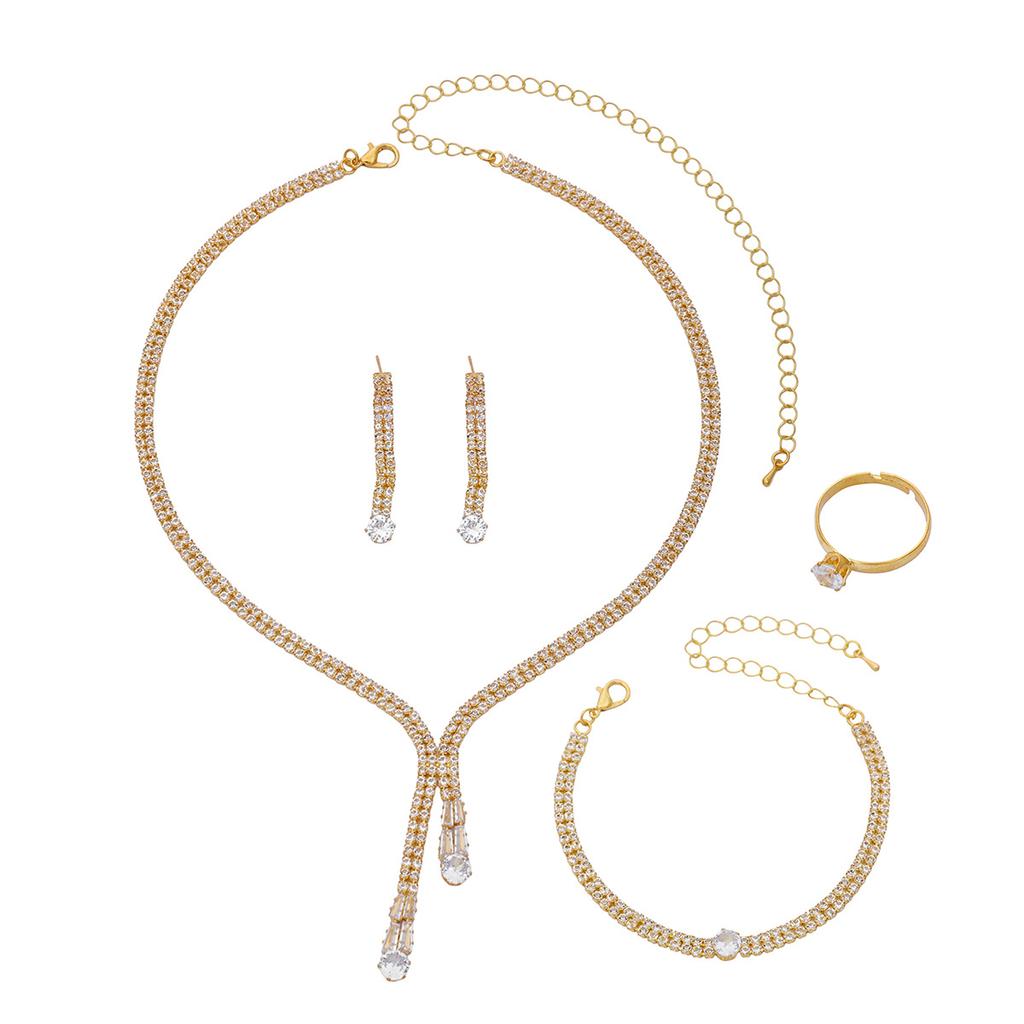 2026 Набор из четырех предметов: Простая цепочка на ключицы, Изысканная цепочка с когтями, Серьги с круглым цирконом и кристаллом, Ожерелье, Браслет, Кольцо