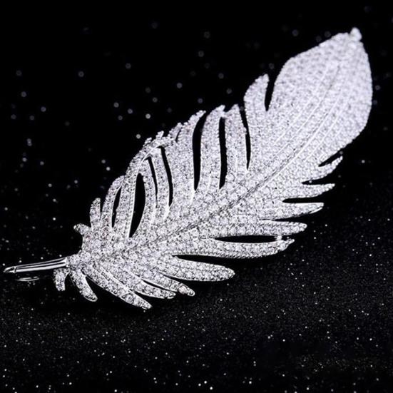 Rhinestone Feather Brooch for Women Men Faux Crystal Feather Lapel Safety Pin Collar Jewelry Accessory for Parties Weddings
