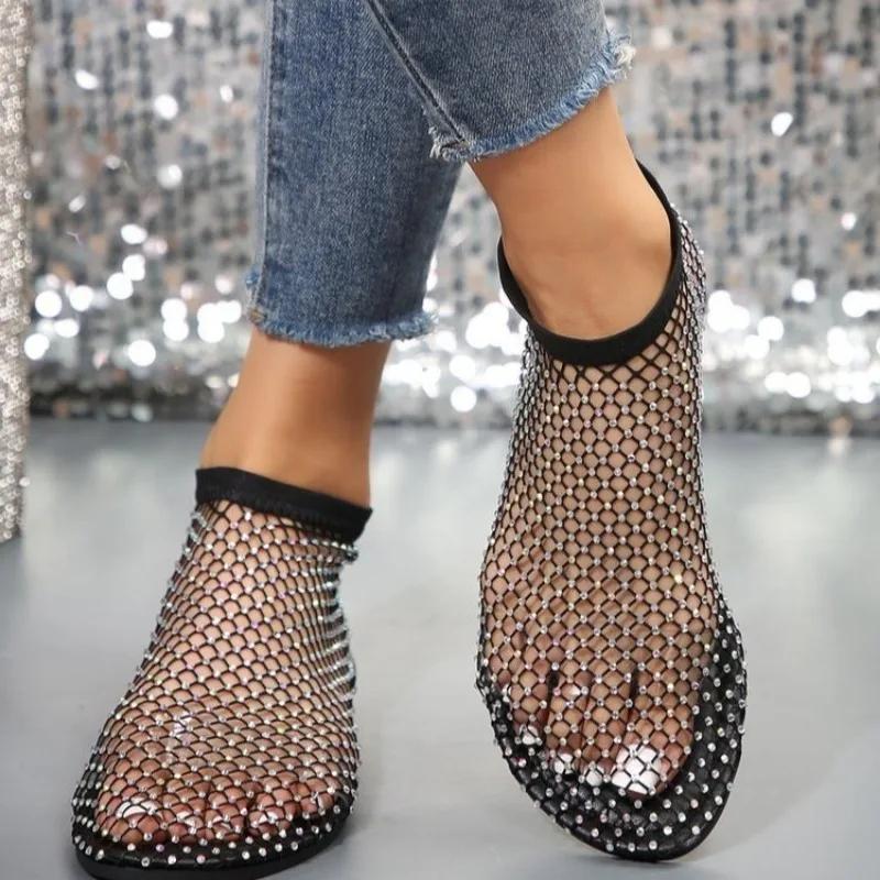 Fashion Women's Flat Sandals Rhinestone Fishing Net Sandals Flat Bottom Footware Roman Flat Party Shoes Zapatillas Mujer