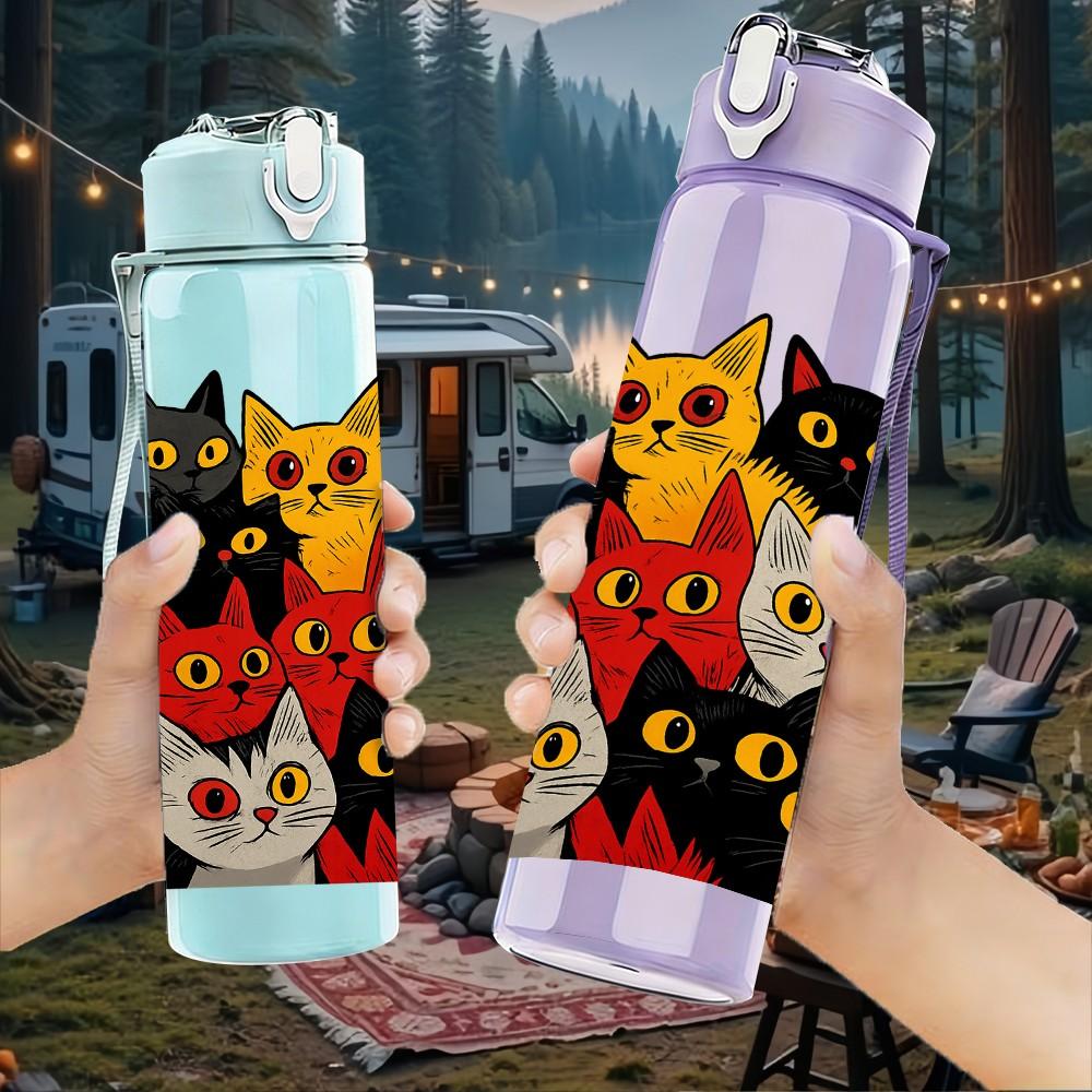 1PC Halloween Cat Mask Party Print 750ml Color Plastic Sports Water Bottle Leakproof Flip Straw Lid Suitable for Sports Office Home Use