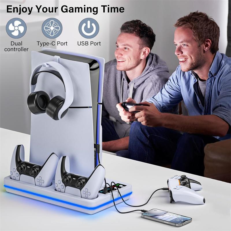 Подставка для PS5/PS5 Slim с системой охлаждения, Стойка для охлаждения PS5 с двойной зарядной станцией для контроллеров Playstation 5