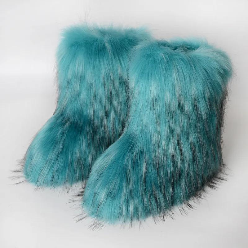 Winter Women Fluffy Faux Fox Fur Short Boots Comfortable Plush Warm Snow Luxury Girls Furry Fashion Footwear