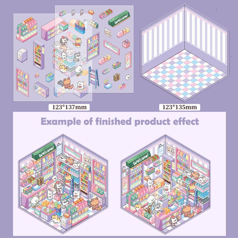 1 комплект забавных наклеек для супермаркета, кондитерской, милые наклейки с изображением мультяшных сцен, креативные трехмерные наклейки для укладки в домике