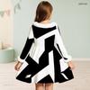 Girls Black And White Printed Long Sleeve A Line Flared Dress With Furry Trim Collar And Cuffs