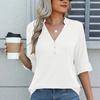 Women Notched V Neck Pearl Button Blouse Ruffle Cuff Three Quarter Sleeve Casual Top