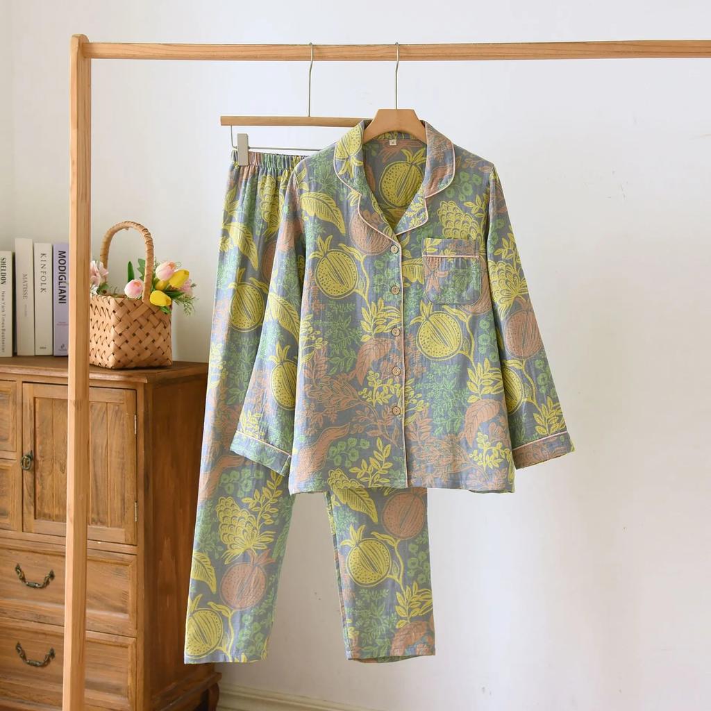 Цветная хлопковая женская домашняя одежда в стиле ретро с длинным рукавом, длинные брюки, 2 шт., пижама, тонкая пижама, женский комплект одежды