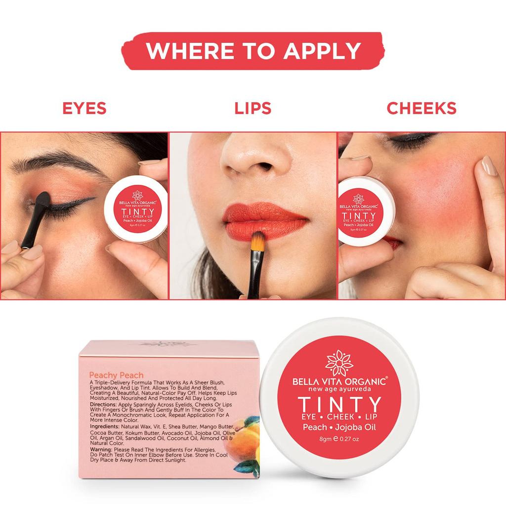 Eye, Cheek and Lip Treatment with Peach and Jojoba Oil (8 G), Tinty Eye Cheek Lip Peach Jojoba Oil, Bella Vita