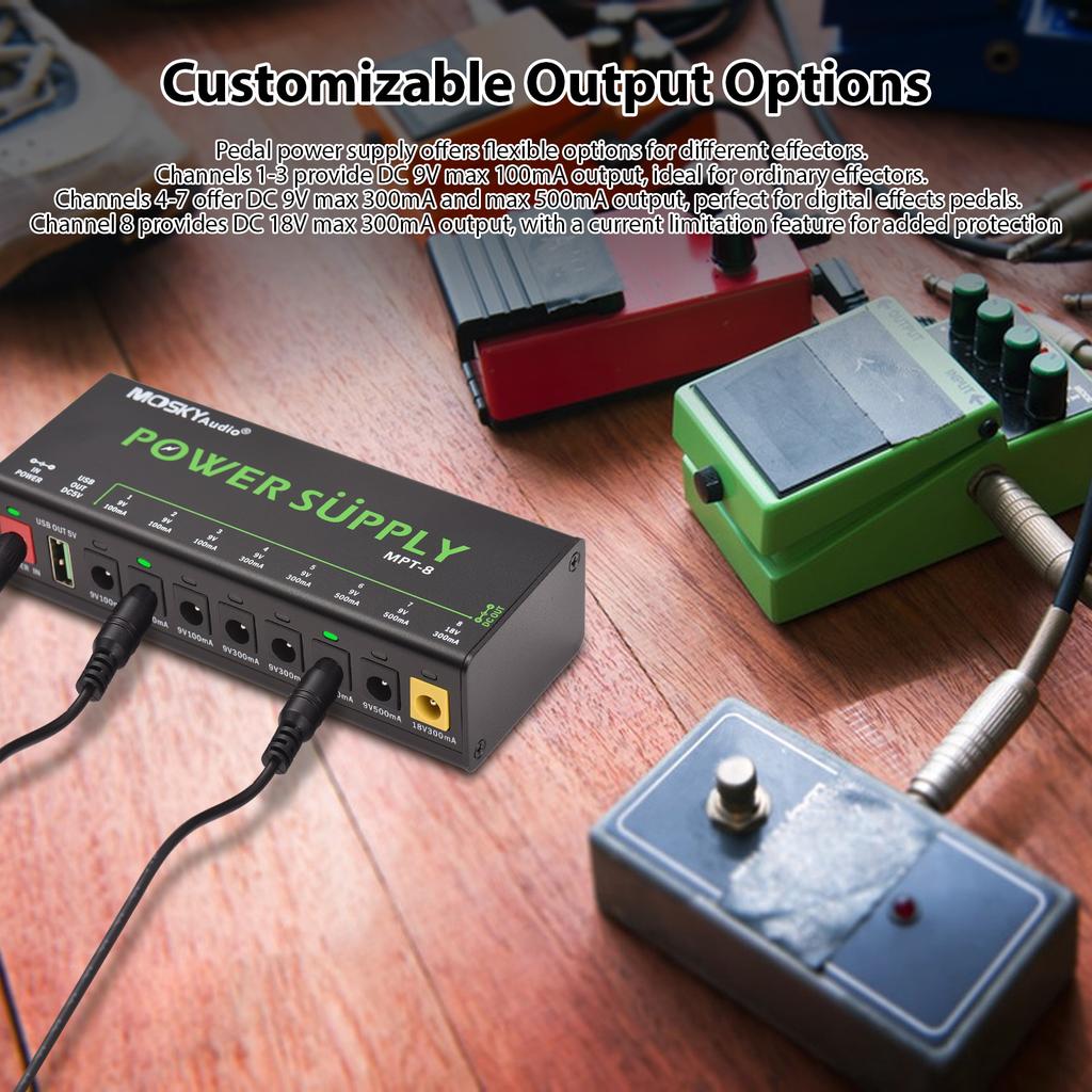 MOSKYAUDIO 8-Channel Guitar Pedal Power Supply with Independent Short Circuit Protection LED Power