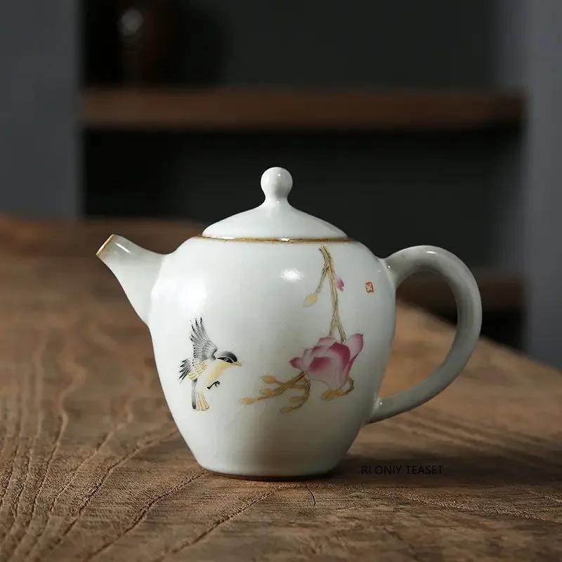 200ml Traditional Ru Kiln Ceramic Teapots Handmade Flower and Bird Pattern Tea Pot Household Travel Kettle Chinese Tea Set