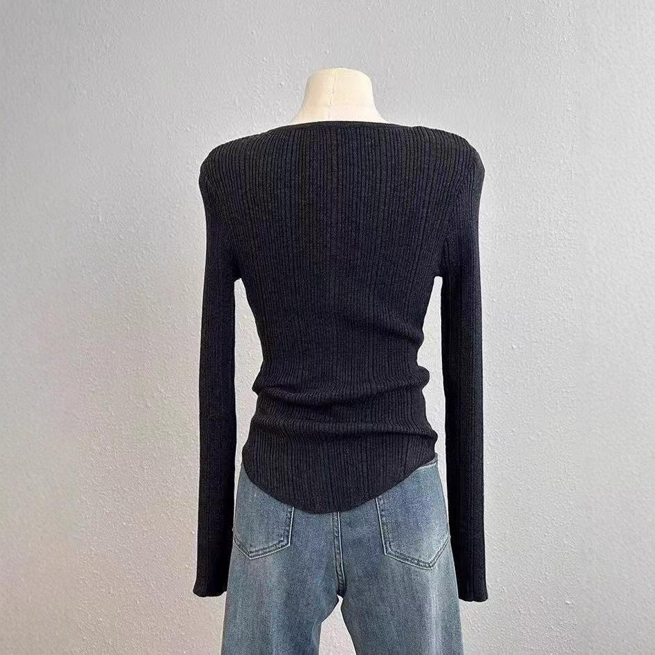 Женская трикотажная футболка с полуоткрытым вырезом и длинным рукавом, осень, новая мода, зарубежный стиль, приталенная, универсальная