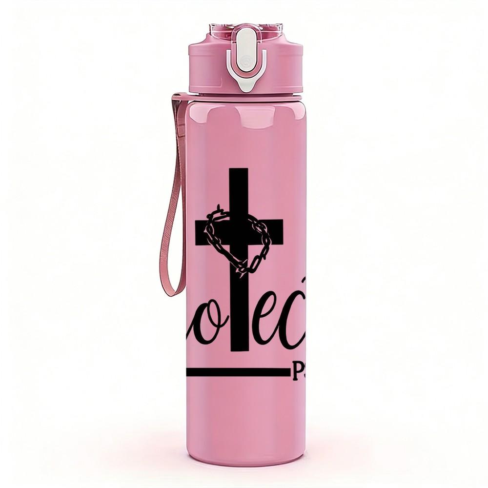 1PC Protected Cross Faith Pattern 750ml Color Plastic Sports Water Bottle Leakproof Flip Straw Lid Suitable for Sports Office Home Use