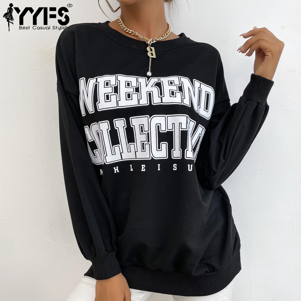 YYFS Женские модные повседневные весенне-осенние блузки и рубашки с круглым вырезом и длинными рукавами с буквенным принтом