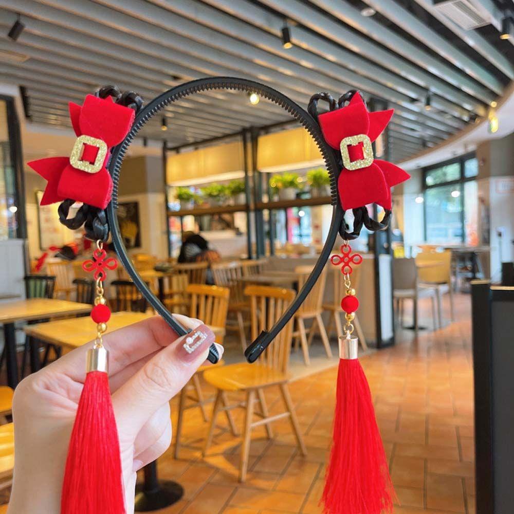 Elastic Cute Girls Pearl Bow Pigtail Wig Flower New Year Headress Children's Headband Chinese Style Hair Band Hanfu Hair Hoop