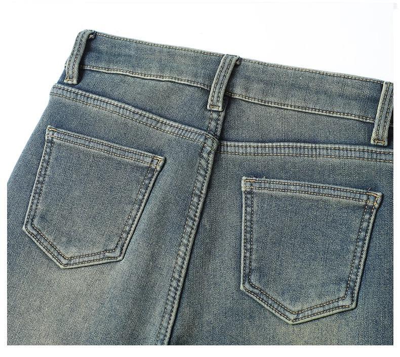 Женские джинсы-сигареты прямого кроя с высокой посадкой на флисовой подкладке: Мода Осень/Зима, Маленькая Длина Девять Девятых.