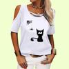 Женская модная футболка с коротким рукавом, топ с открытыми плечами, женская повседневная летняя футболка с круглым вырезом и принтом кота