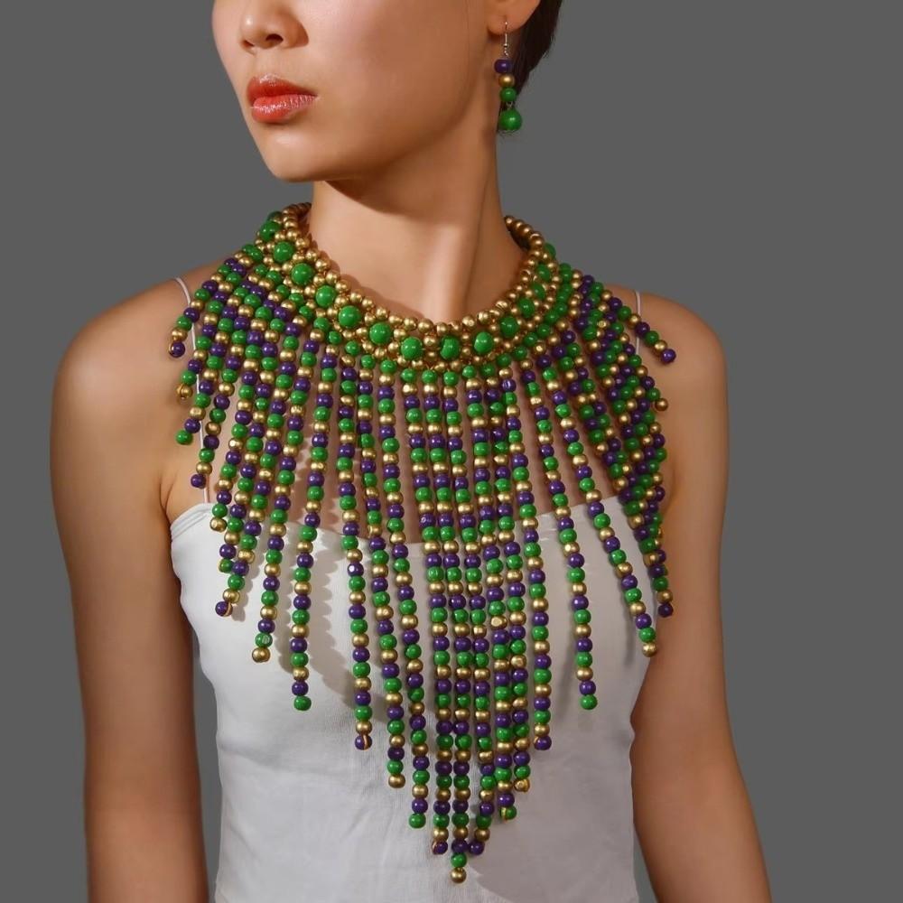 Handmade Necklace Earrings Set Wood Tassel Necklace Elegant Ear Studs Ladies
