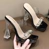 Versatile Super High-heeled Women's Shoes Rhinestone Cool Slippers 2025 New Beautiful Crystal Thick Heel Transparent Waterproof Table Sandals Women