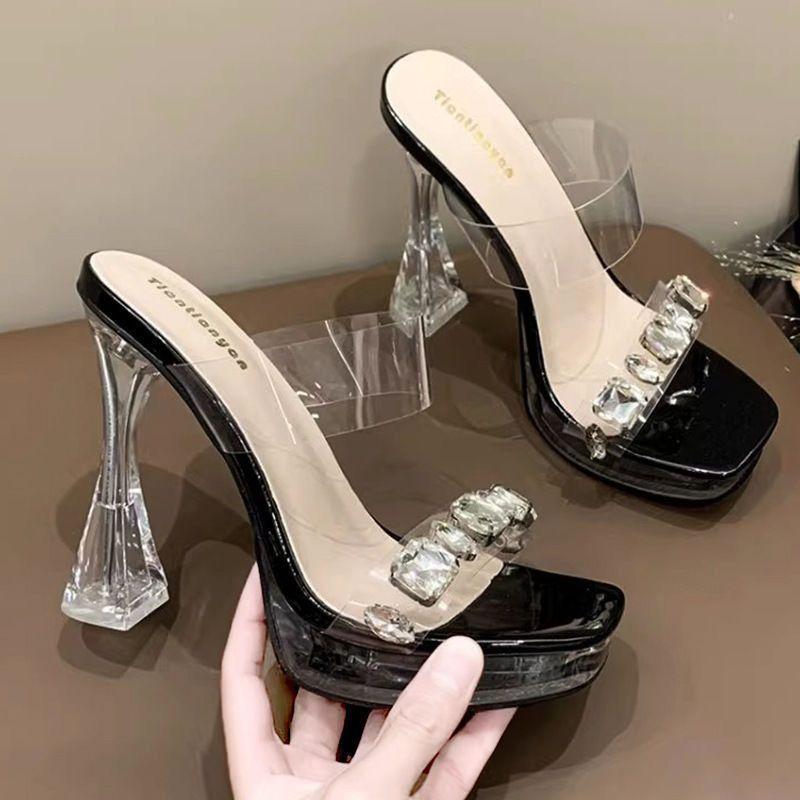 Versatile Super High-heeled Women's Shoes Rhinestone Cool Slippers 2025 New Beautiful Crystal Thick Heel Transparent Waterproof Table Sandals Women